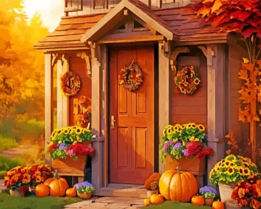 Autumn Farmhouse Front Porch Flowers Diamond Painting