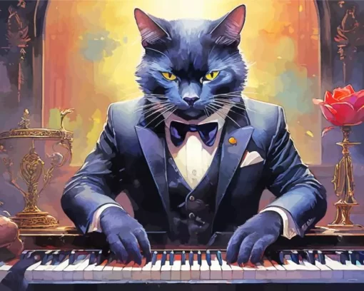 Black Tie Cat Playing Piano Diamond Painting