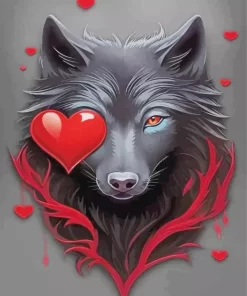 Black Wolf Head And Heart Diamond Painting