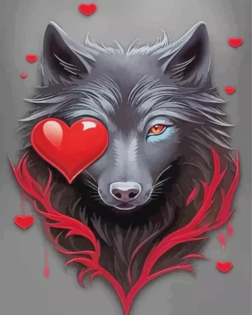 Black Wolf Head And Heart Diamond Painting