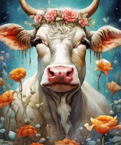 Blonde Cow And Flowers Diamond Painting