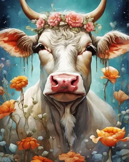 Blonde Cow And Flowers Diamond Painting