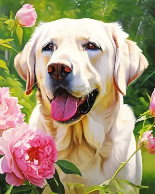 Blonde Labrador And Flowers Diamond Painting