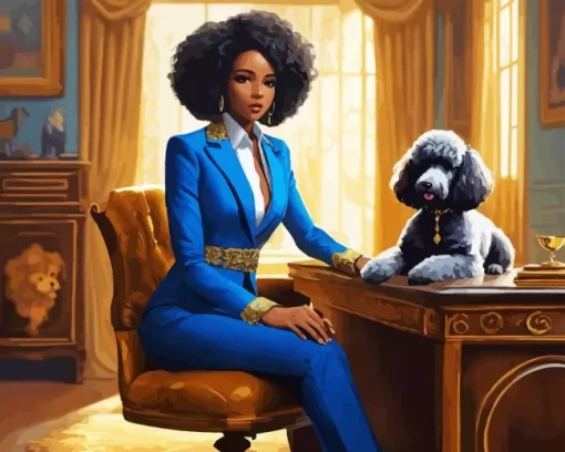 Classy Black Woman With Her Grey Poodle Diamond Painting