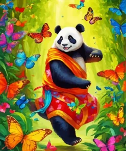 Excited Panda Playing With Butterflies Diamond Painting