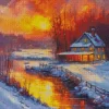 Farmhouse In The Snow Illustration Diamond Painting