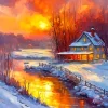 Farmhouse In The Snow Illustration Diamond Painting