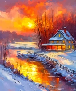 Farmhouse In The Snow Illustration Diamond Painting