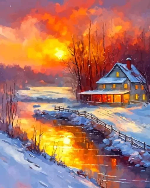 Farmhouse In The Snow Illustration Diamond Painting