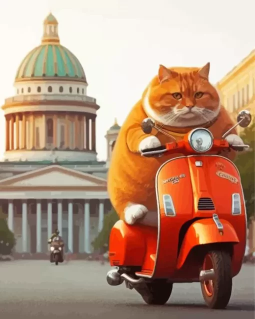 Fat Cat Riding A Vespa Diamond Painting