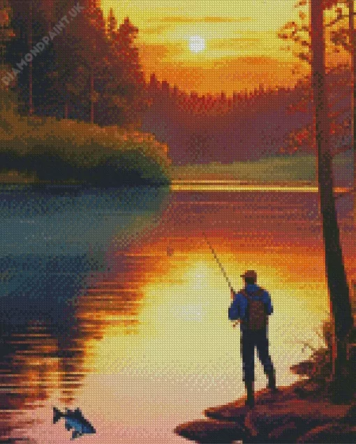 Fishing Silhouette Sunset Diamond Painting