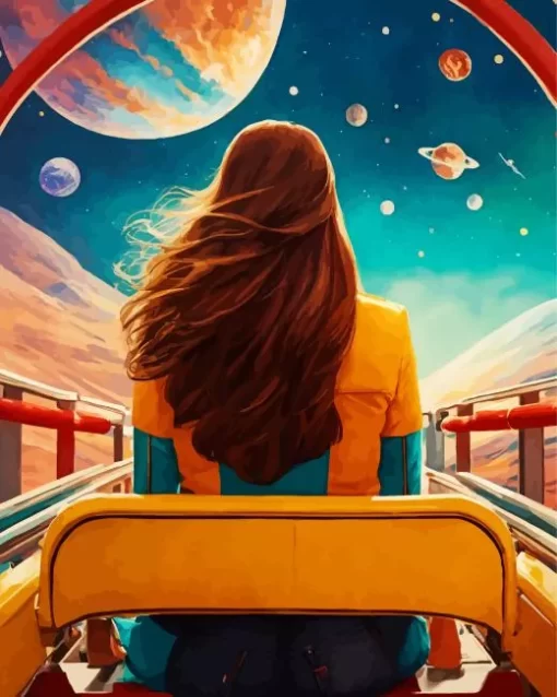 Girl Riding A Rollercoaster Through Space Diamond Painting