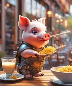 Pig Eating Spaghetti Diamond Painting