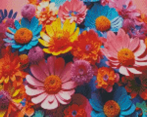 Pink Blue And Yellow Flowers Diamond Painting