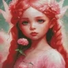 Pink Girl And Flowers Art Diamond Painting