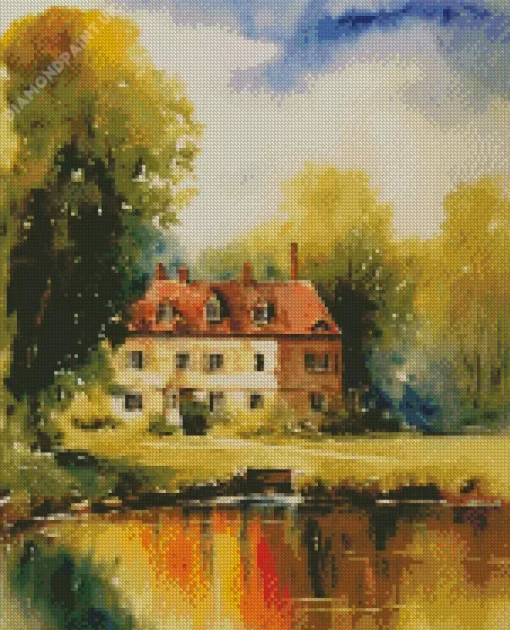 Vintage House And Lake Diamond Painting