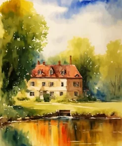 Vintage House And Lake Diamond Painting