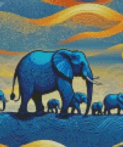 Blue Elephants Family Diamond Painting