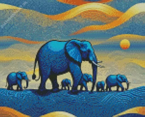 Blue Elephants Family Diamond Painting