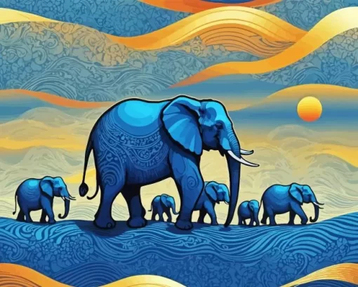 Blue Elephants Family Diamond Painting