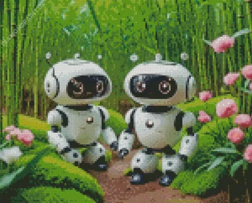 Cute Robots In A Flower Garden Diamond Painting