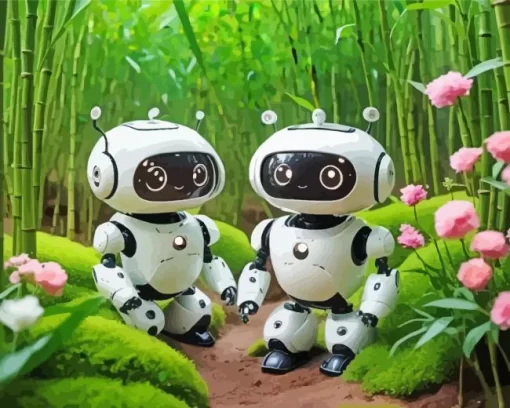 Cute Robots In A Flower Garden Diamond Painting