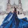 Girl Wearing Blue Dress In Snow Diamond Painting