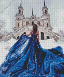 Girl Wearing Blue Dress In Snow Diamond Painting