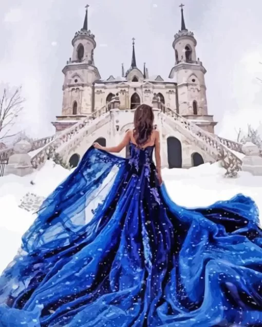 Girl Wearing Blue Dress In Snow Diamond Painting