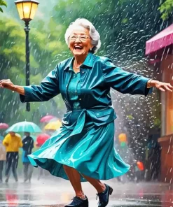 Asian Grandma Dancing In The Rain Diamond Painting