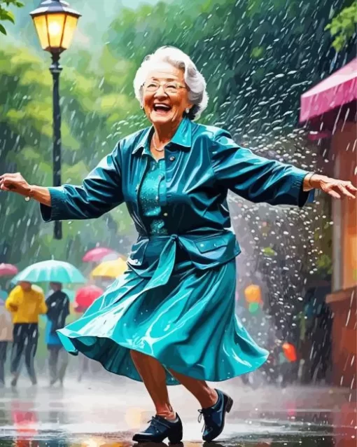 Asian Grandma Dancing In The Rain Diamond Painting