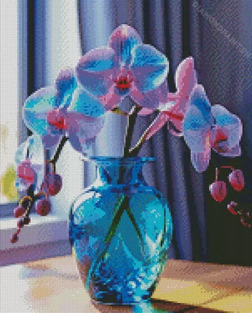 Blue And Pink Orchid In Glass Vase Diamond Painting