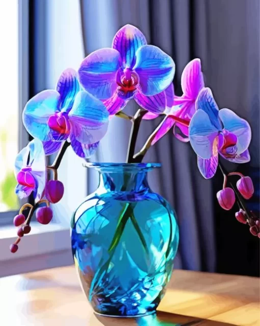 Blue And Pink Orchid In Glass Vase Diamond Painting