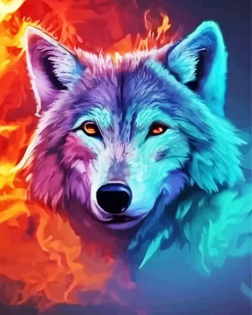 Blue And Red Fire Wolf Diamond Painting