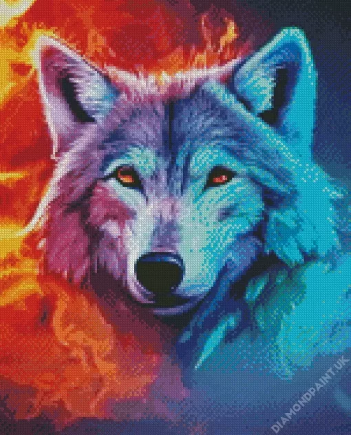 Blue And Red Fire Wolf Diamond Painting