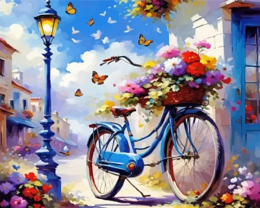 Blue Bike And Flowers Diamond Painting