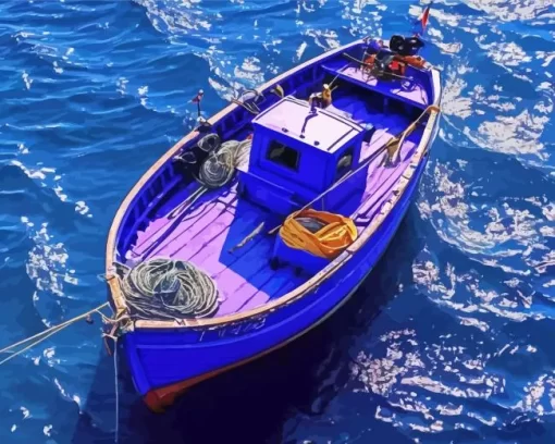 Blue Boat In Sea Diamond Painting