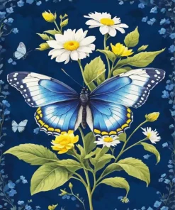 Blue Butterfly And Flowers Diamond Painting