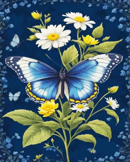 Blue Butterfly And Flowers Diamond Painting