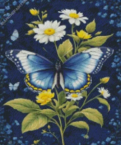 Blue Butterfly And Flowers Diamond Painting