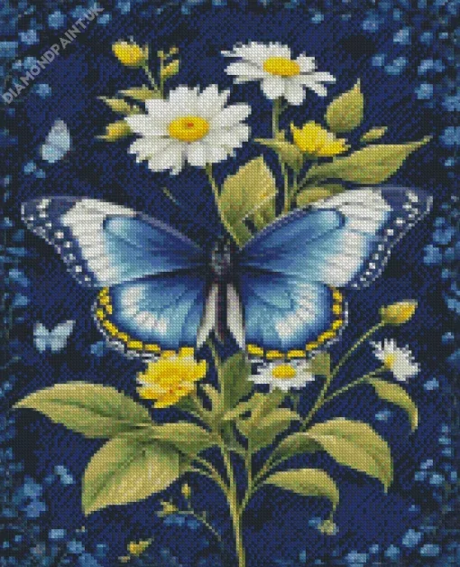 Blue Butterfly And Flowers Diamond Painting