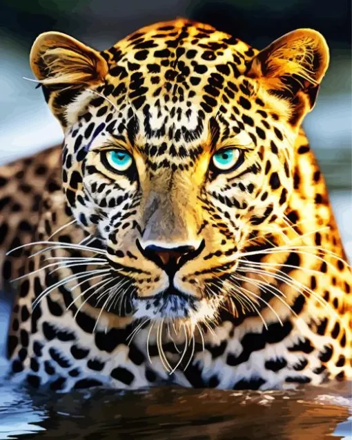 Blue Eyed Leopard In Water Diamond Painting