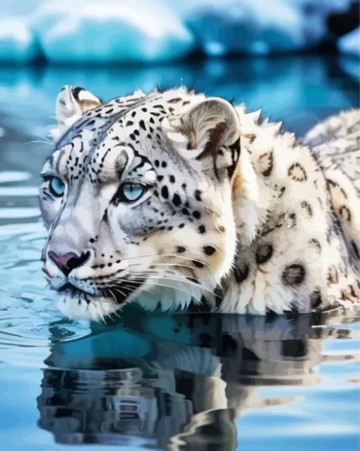 Blue Eyed Snow Leopard In Water Diamond Painting