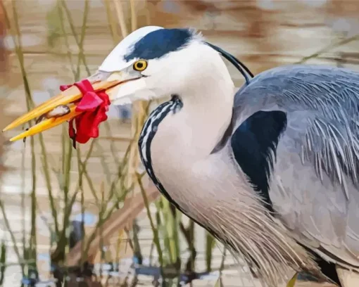 Blue Heron Eating Fish Diamond Painting