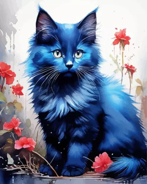 Flowers And Blue Cat Art Diamond Painting