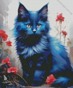 Flowers And Blue Cat Art Diamond Painting