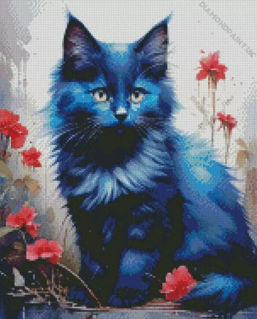 Flowers And Blue Cat Art Diamond Painting