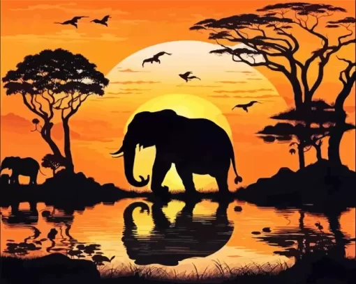 Jungle Elephants Silhouette Diamond Painting