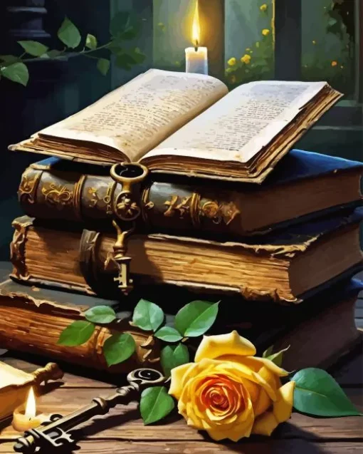 Vintage Books And Rose Diamond Painting