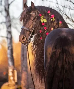 Black Horse With Roses Diamond Painting